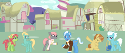 Size: 862x370 | Tagged: safe, derpibooru import, feather bangs, fleetfoot, jack pot, prim hemline, tree hugger, zephyr breeze, female, male, mare, ponyville, stallion, vector