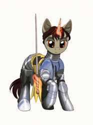 Size: 1414x1896 | Tagged: safe, artist:lunebat, oc, oc:blas ruis, pony, unicorn, armor, colt, magic, male, simple background, solo, sword, telekinesis, weapon, white background