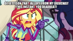 Size: 600x337 | Tagged: safe, derpibooru import, edit, edited screencap, screencap, sci-twi, sunset shimmer, twilight sparkle, equestria girls, friendship games, angry, ducktales, exploitable meme, image macro, meme, memeful.com, scrooge mcduck, sunset yells at twilight