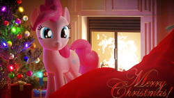 Size: 1920x1080 | Tagged: safe, artist:weedy, derpibooru import, pinkie pie, earth pony, pony, 3d, blender, christmas, christmas tree, cute, diapinkes, fireplace, holiday, present, tree