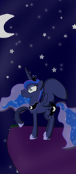 Size: 1080x2460 | Tagged: safe, artist:crossovercartoons, derpibooru import, princess luna, alicorn, pony, dark background, looking up, luna day, moon, mountain top, night, princess, smiling, solo, stars