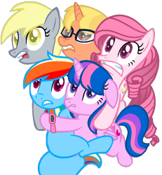 Size: 650x702 | Tagged: safe, artist:guruyunus17, derpibooru import, derpy hooves, rainbow dash, oc, oc:annisa trihapsari, oc:hsu amity, oc:rainbow eevee, oc:succulant holp, alicorn, earth pony, pegasus, pony, unicorn, base used, derp, eevee, female, gift art, glasses, horror, horror story, hug, lil miss aelita, lil-miss aelita, mare, open mouth, pokémon, scared, scary, siblings, sisters, teeth, watch