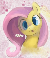 Size: 940x1105 | Tagged: safe, artist:dotkwa, derpibooru import, fluttershy, pegasus, pony, abstract background, bust, cute, female, looking at you, mare, oooooh, open mouth, portrait, shyabetes, smiling, solo