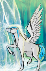 Size: 2210x3388 | Tagged: safe, artist:thebreadphones, derpibooru import, oc, oc only, oc:file folder, pegasus, forest, solo, waterfall, waterfall shower