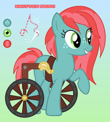 Size: 1556x1718 | Tagged: safe, artist:sir-psych0-s3xy, derpibooru import, oc, oc only, oc:knitten song, earth pony, pony, base used, female, freckles, gradient background, mare, offspring, parent:applejack, parent:caramel, parents:carajack, reference sheet, solo, wheelchair