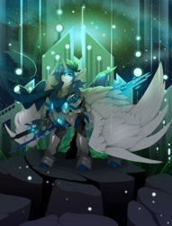 Size: 1024x1337 | Tagged: safe, artist:taiga-blackfield, derpibooru import, oc, oc:prince nova, alicorn, bat pony, hybrid, alicorn oc, armor, blanket, epic, horn, wings