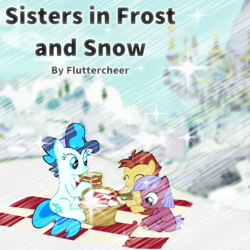 Size: 840x840 | Tagged: safe, derpibooru import, edit, edited screencap, editor:cmc--scootaloo, editor:dinkyuniverse, screencap, gooseberry, hyper sonic, fanfic:sisters in frost and snow, between dark and dawn, adorable face, author:fluttercheer, basket, berries, blanket, candy wave, canterlot, canterlot castle, cover art, cute, fanfic, fanfic art, fanfic cover, female, filly, food, friendship student, frost, ice, mare, nom, picnic, picnic basket, picnic blanket, sandwich, sky, snow