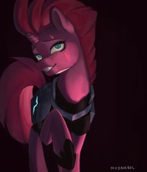 Size: 1700x1985 | Tagged: safe, artist:nodambol, derpibooru import, tempest shadow, pony, unicorn, armor, broken horn, eye scar, female, horn, looking at you, mare, scar, scar on the wrong side, slasher smile, smiling, solo