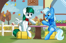 Size: 2757x1808 | Tagged: safe, artist:ali-selle, derpibooru import, oc, oc:bluebreeze, oc:zephyr, pegasus, pony, clothes, commission, enjoying, fence, food, friendship, happy, hay bale, illustration, leaves, pretzel, scarf, sitting, tree