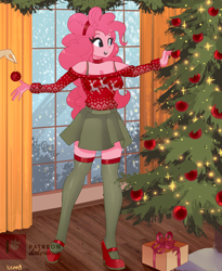 Size: 2316x2820 | Tagged: safe, artist:xjenn9, derpibooru import, pinkie pie, equestria girls, christmas, christmas tree, high res, holiday, ornament, present, smiling, snow, snowfall, tree, winter