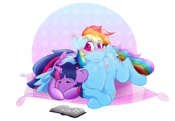 Size: 1860x1288 | Tagged: safe, artist:solarsani, derpibooru import, rainbow dash, twilight sparkle, twilight sparkle (alicorn), alicorn, pegasus, pony, blushing, book, cuddling, ear blush, eyes closed, female, hug, lesbian, lying down, mare, pillow, shipping, sleeping, twidash, winghug