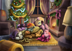 Size: 1700x1202 | Tagged: safe, artist:tarkron, derpibooru import, applejack, discord, fluttershy, pinkie pie, rainbow dash, rarity, twilight sparkle, draconequus, earth pony, pegasus, pony, unicorn, armchair, christmas, christmas lights, christmas tree, cuddle puddle, cuddling, cute, dashabetes, diapinkes, eyes closed, fire, fireplace, holiday, hooves to the chest, indoors, jackabetes, looking at something, lying down, mane six, nap, on back, on floor, open mouth, picture frame, pony pile, present, prone, raribetes, shyabetes, sleeping, smiling, tree, twiabetes, weapons-grade cute