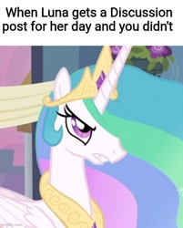 Size: 500x623 | Tagged: safe, derpibooru import, edit, edited screencap, screencap, princess celestia, alicorn, pony, angry, equestria daily, implied princess luna, meme, meta