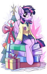 Size: 1400x2200 | Tagged: safe, artist:ravistdash, derpibooru import, twilight sparkle, twilight sparkle (alicorn), alicorn, semi-anthro, book, candy, candy cane, christmas, christmas tree, clothes, cute, cutie mark, cutie mark background, female, food, friendship student, holiday, horn, mare, merry christmas, necktie, paper, present, simple background, sitting, skirt, solo, stars, sweater, transparent background, tree, twiabetes, wings