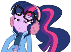 Size: 4056x2956 | Tagged: safe, artist:sketchmcreations, derpibooru import, sci-twi, twilight sparkle, better together, equestria girls, holidays unwrapped, blizzard or bust, clothes, coat, earmuffs, fallen, female, glasses askew, narrowed eyes, on floor, scarf, sci-twi is not amused, simple background, transparent background, unamused, vector