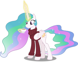 Size: 6715x5393 | Tagged: safe, artist:anime-equestria, derpibooru import, princess celestia, alicorn, pony, :3, clothes, cup, cute, cutelestia, female, food, happy, horn, levitation, magic, mare, simple background, solo, sweater, tea, teacup, telekinesis, transparent background, vector, wings