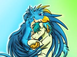 Size: 1250x918 | Tagged: safe, artist:roxasfin, derpibooru import, gallus, sandbar, griffon, pony, gallbar, gay, hug, interspecies, male, shipping, snuggling