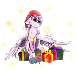 Size: 1103x1024 | Tagged: safe, artist:yuris, derpibooru import, oc, oc only, pegasus, pony, chest fluff, christmas, hat, holiday, present, santa hat, simple background, solo, white background