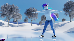 Size: 3840x2160 | Tagged: safe, artist:shadowboltsfm, derpibooru import, oc, oc only, oc:aurora starling, anthro, plantigrade anthro, 3d, 4k, anthro oc, blender, clothes, cute, eyelashes, female, glasses, ice, ice skating, jeans, mare, not sfm, outdoors, pants, reflection, smiling, snow, solo, tree, winter