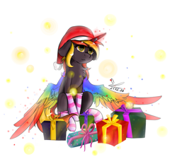 Size: 1103x1024 | Tagged: safe, artist:yuris, derpibooru import, oc, oc only, oc:java, pony, unicorn, chest fluff, christmas, clothes, colored wings, fake wings, hat, holiday, multicolored wings, present, rainbow wings, santa hat, simple background, socks, solo, striped socks, white background, wings