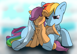 Size: 5016x3541 | Tagged: safe, artist:db, derpibooru import, rainbow dash, scootaloo, pegasus, pony, chest fluff, eyes closed, female, grooming, preening, scootalove, siblings, sisters