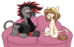 Size: 2606x1642 | Tagged: safe, artist:moonatik, derpibooru import, oc, oc only, oc:celia montigre, oc:scorp1.0, griffon, pony, claws, clothes, commission, conversation, female, hat, hoodie, mare, simple background, sitting, sofa, sunglasses, talking, transparent background, wings