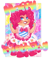 Size: 908x1102 | Tagged: safe, artist:lonepuddingcup, derpibooru import, pinkie pie, human, bowtie, clothes, dress, female, gala dress, grin, happy birthday, humanized, lipstick, smiling