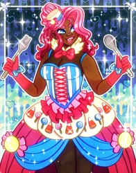 Size: 1100x1400 | Tagged: safe, artist:lonepuddingcup, derpibooru import, pinkie pie, human, abstract background, bowtie, clothes, dark skin, dress, female, gala dress, gloves, grin, humanized, lipstick, smiling, spoon