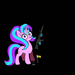 Size: 900x900 | Tagged: safe, artist:slamjam, derpibooru import, starlight glimmer, pony, unicorn, ar15, black background, flag, gadsden flag, gun, magic, plant, rifle, simple background, sprout, telekinesis, weapon