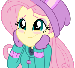 Size: 3491x3178 | Tagged: safe, artist:sketchmcreations, derpibooru import, fluttershy, equestria girls, equestria girls series, holidays unwrapped, spoiler:eqg series (season 2), blizzard or bust, blushing, bunny ears, clothes, coat, eye shimmer, female, gloves, hand on face, hands on face, happy, hat, mittens, simple background, smiling, toque, transparent background, vector, winter outfit
