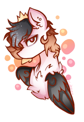 Size: 1353x1961 | Tagged: safe, artist:kaatseye, derpibooru import, oc, oc only, oc:destiny, pegasus, pony, abstract background, bust, chest fluff, crown, ear piercing, ethereal mane, jewelry, pegasus oc, piercing, regalia, solo, starry mane, wings