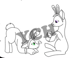 Size: 1080x851 | Tagged: safe, artist:rxndxm.artist, derpibooru import, oc, oc only, earth pony, pony, animal costume, basket, bunny costume, bunny ears, clothes, commission, costume, duo, earth pony oc, face down ass up, lineart, monochrome, sitting, your character here