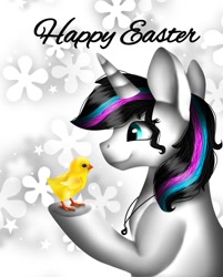 Size: 966x1200 | Tagged: safe, artist:rxndxm.artist, derpibooru import, oc, oc only, oc:shooting star, bird, chicken, pony, unicorn, female, happy easter, hoof hold, horn, jewelry, mare, necklace, smiling, unicorn oc