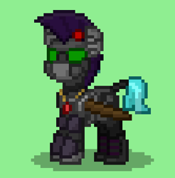 Size: 333x338 | Tagged: safe, derpibooru import, oc, oc:snipell, crystal pony, pony, armor, ashes town, crystal pony armor, crystal pony oc, green background, power armor, simple background, solo, sword, weapon