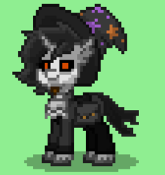 Size: 336x356 | Tagged: safe, derpibooru import, oc, oc:author kvas, pony, unicorn, ashes town, clothes, costume, glowing eyes, green background, halloween, hat, holiday, other design, simple background, skeleton costume, solo, spooky
