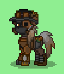 Size: 320x367 | Tagged: safe, derpibooru import, oc, oc:copper cotton, earth pony, pony, armor, ashes town, augmented, copper, earth pony oc, goggles, green background, hat, other design, simple background, solo, steampunk, steampunk armory