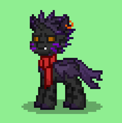 Size: 352x355 | Tagged: safe, derpibooru import, oc, oc:other chitin, changeling, ashes town, changeling oc, clothes, face markings, glowing eyes, green background, purple changeling, scarf, simple background, solo