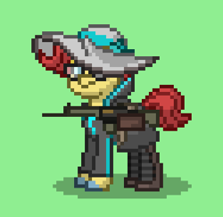 Size: 376x366 | Tagged: safe, derpibooru import, oc, oc:cheeky ruff, pony, unicorn, ashes town, green background, gun, hat, horn, simple background, solo, unicorn oc, weapon