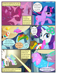 Size: 612x792 | Tagged: safe, artist:newbiespud, derpibooru import, edit, edited screencap, screencap, princess celestia, rarity, twilight sparkle, unicorn twilight, alicorn, changeling, pony, unicorn, comic:friendship is dragons, a canterlot wedding, blast, clothes, comic, dialogue, dress, eyelashes, female, flower, flower in hair, flying, glowing horn, hoof shoes, horn, magic, magic beam, magic blast, mare, mouth hold, peytral, screencap comic