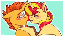 Size: 3555x2000 | Tagged: safe, artist:lrusu, derpibooru import, sunburst, sunset shimmer, pony, unicorn, blushing, female, flirty, glasses, hug, male, shimmerburst, shipping, straight