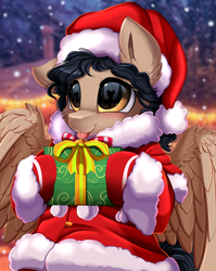 Size: 2550x3209 | Tagged: safe, artist:pridark, part of a set, oc, oc only, oc:gypsy, pegasus, pony, :p, adorable face, blushing, christmas, commission, cute, glasses, hat, high res, holding, holiday, older, present, santa hat, solo, teenager, tongue out, ych result