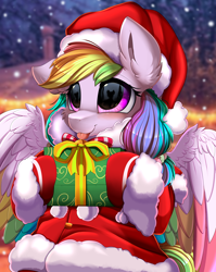 Size: 2550x3209 | Tagged: safe, artist:pridark, part of a set, oc, oc only, oc:prism, pegasus, pony, :p, adorable face, blue eyes, blushing, christmas, commission, cute, glasses, hat, headset, high res, holding, holiday, older, present, santa hat, solo, teenager, tongue out, ych result