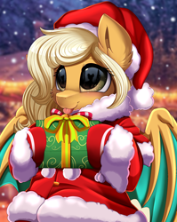 Size: 2550x3209 | Tagged: safe, artist:pridark, part of a set, oc, oc only, oc:misty, bat pony, pony, :p, adorable face, bat pony oc, blushing, christmas, commission, cute, glasses, hat, high res, holding, holiday, older, present, santa hat, solo, teenager, tongue out, ych result