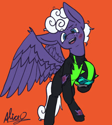 Size: 968x1077 | Tagged: safe, artist:aliceg, rolling thunder, pegasus, pony, gorgoalice daily pony, the washouts (episode), blue eyes, clothes, eye scar, helmet, lightly wounded, looking at you, open mouth, orange background, purple coat, signature, simple background, solo, standing, suit, the washouts, white mane, white tail, wings