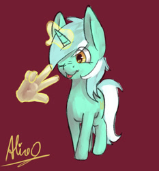Size: 1008x1080 | Tagged: safe, artist:aliceg, lyra heartstrings, pony, unicorn, gorgoalice daily pony, blepping, cutie mark, female, glowing horn, green coat, horn, magic, magical hands, mare, mint coat, one eye closed, red background, signature, simple background, solo, tongue out, two toned mane, two toned tail, wink