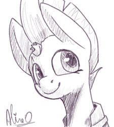 Size: 971x1080 | Tagged: safe, artist:aliceg, tempest shadow, pony, unicorn, gorgoalice daily pony, broken horn, bust, eye scar, female, horn, looking to side, looking to the right, mare, mohawk, monochrome, portrait, signature, simple background, sketch, smiling, solo, white background