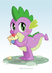 Size: 500x706 | Tagged: safe, artist:jiggly, spike, dragon, cherry, claw hold, cupcake, cute, eating, food, holding food, licking, looking at something, male, solo, spikabetes, tongue out