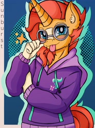 Size: 3024x4096 | Tagged: safe, artist:canvymamamoo, sunburst, anthro, unicorn, :p, abstract background, blushing, clothes, cutie mark, ear fluff, hoodie, implied starlight glimmer, looking at you, male, smiling, solo, stallion, tongue out