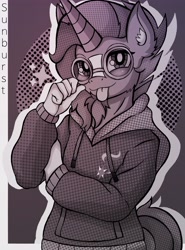 Size: 3024x4096 | Tagged: safe, alternate version, artist:canvymamamoo, sunburst, anthro, unicorn, :p, abstract background, blushing, clothes, cutie mark, ear fluff, hoodie, implied starlight glimmer, looking at you, male, monochrome, smiling, solo, stallion, tongue out