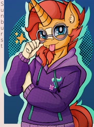 Size: 3024x4096 | Tagged: safe, alternate version, artist:canvymamamoo, sunburst, anthro, unicorn, :p, abstract background, blushing, clothes, cutie mark, ear fluff, hoodie, implied starlight glimmer, looking at you, male, smiling, solo, stallion, tongue out